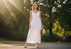 Młoda kobieta w białej sukience i sandałach trzyma słomkowy kapelusz na letnim tle zieleni.