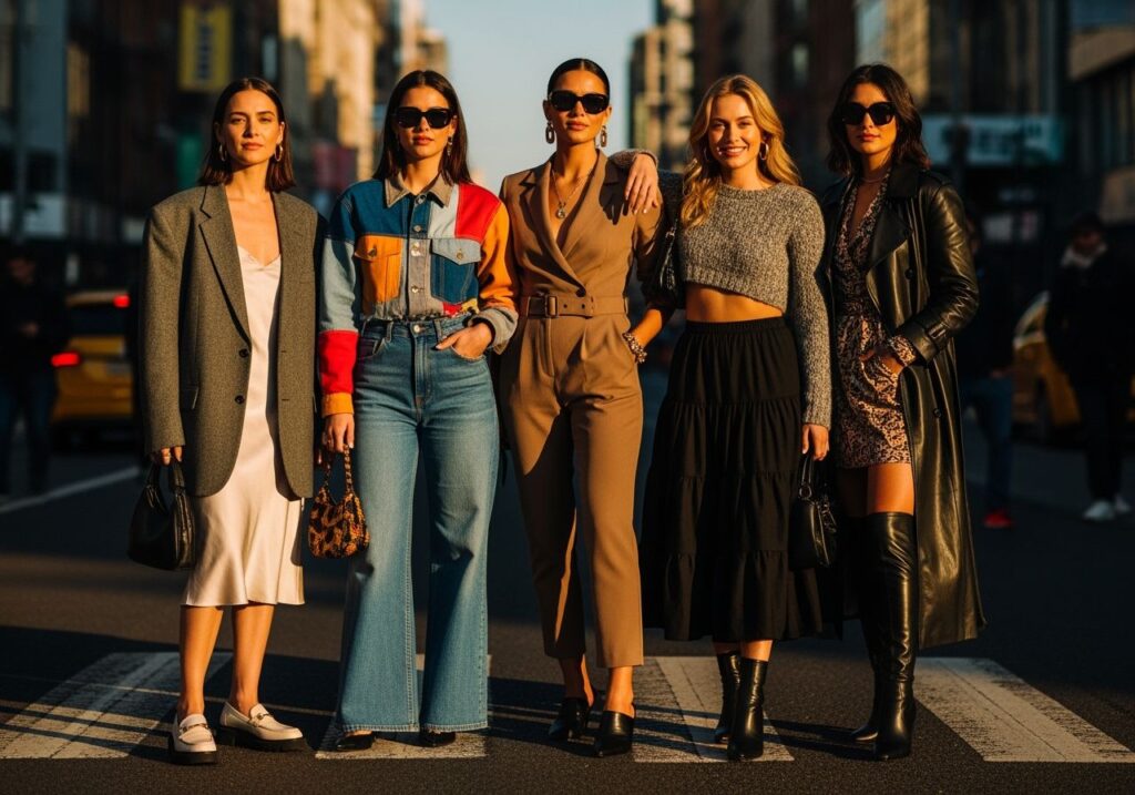 Grupa modnych kobiet na ulicy miasta podczas złotej godziny, prezentujących najnowsze trendy w modzie damskiej.