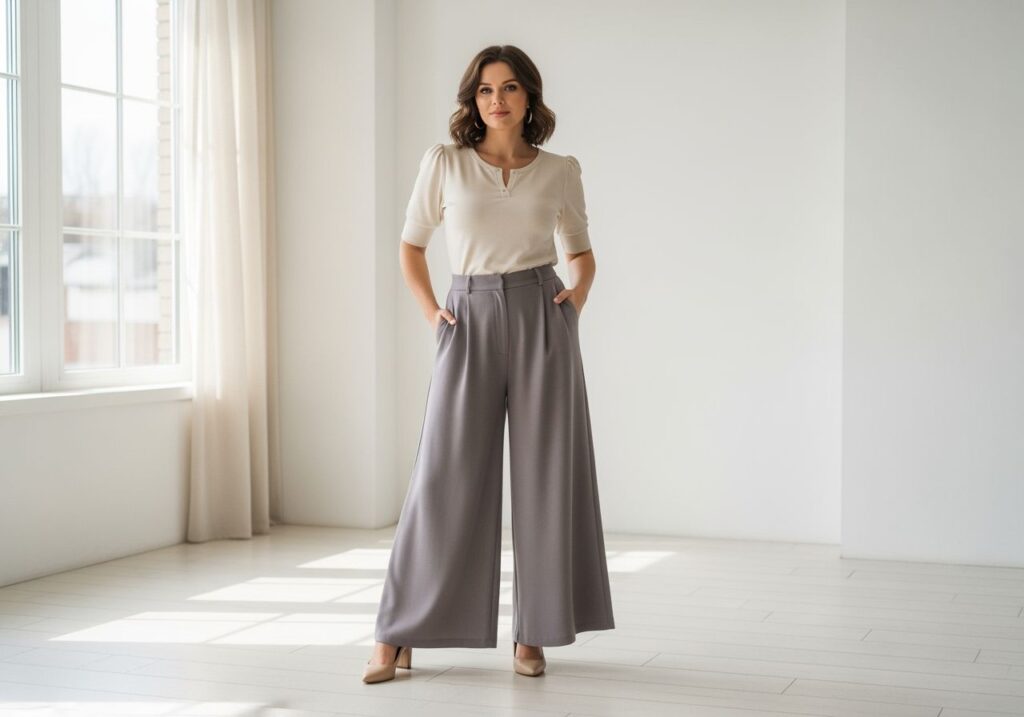 Kobieta o sylwetce gruszki w modnym stroju podkreślającym talię, stojąca w jasnym, nowoczesnym wnętrzu.