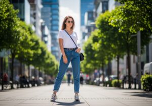 Młoda kobieta w boyfriend jeans i białym t-shircie stoi na ulicy z nowoczesną architekturą w tle.