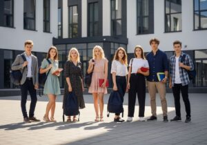 Grupa nastolatków przed nowoczesną szkołą w różnych strojach szkolnych z plecakami i książkami.