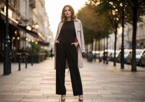 Kobieta w czarnym kombinezonie na miejskiej ulicy oświetlona ciepłym światłem podczas golden hour