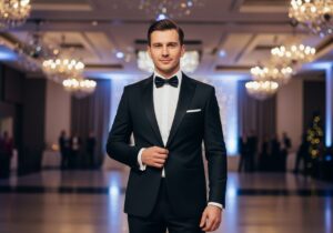 Mężczyzna w czarnym smokingu stoi pewnie na eleganckim przyjęciu z rozmytym tłem gości.