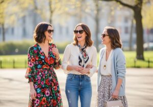Trzy kobiety rozmawiające na zewnątrz w miejskim parku w casualowych stylizacjach w słoneczny dzień