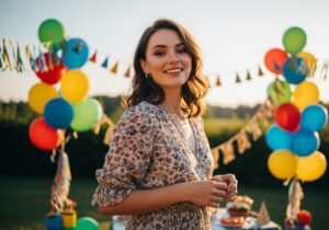 Stylowa młoda kobieta na letnim przyjęciu urodzinowym z balonami i dekoracjami w tle.