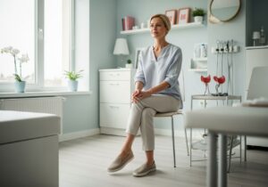 Kobieta siedzi w nowoczesnej poczekalni kliniki ginekologicznej w jasnym, spokojnym wnętrzu.