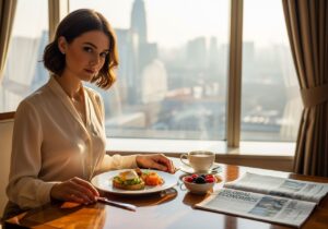 Młoda kobieta przy śniadaniu w hotelu przy drewnianym stole, kawa, gazeta, naturalne światło okna