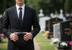 Mężczyzna w czarnym garniturze stoi przed cmentarzem, trzymając czarny kapelusz z szacunkiem.