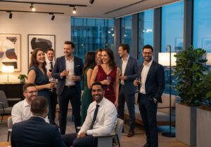 Profesjonaliści podczas firmowej imprezy w nowoczesnym biurze, uśmiechy i naturalne pozowanie do zdjęć.