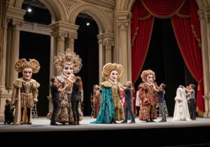 Za kulisami opery projektanci kostiumów i scenografowie pracują przy dekoracjach i strojach.