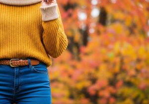 Zbliżenie stylowego stroju z żółtym swetrem, granatowymi jeansami i kremowymi dodatkami, jesienny rozmyty tle