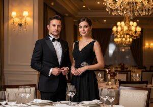 Elegancka para w salonie przy stołach, mężczyzna w smokingu, kobieta w sukni wieczorowej, ciepłe oświetlenie