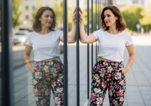 Kobieta w kwiatowych spodniach stoi przed szybą, patrząc na swoje odbicie w miejskim otoczeniu.