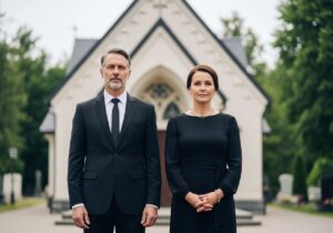 Średniowieczny mężczyzna i kobieta w czerni stoją obok kaplicy na pochmurny dzień przy cmentarzu