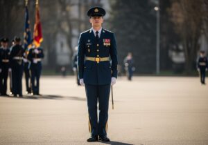 Młody żołnierz w mundurze galowym na tle ceremonii wojskowej podczas dnia