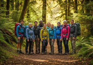 Różnorodna grupa osób na leśnej ścieżce w ubraniach trekkingowych, z plecakami i nakryciami głowy.
