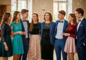 Grupa nastolatków w semiformalnych strojach na szkolnej półmetkowej uroczystości w pomieszczeniu