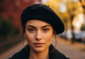 Młoda kobieta w klasycznym berecie na tle jesiennej ulicy, naturalne światło, modny styl francuski