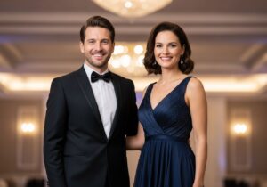 Mężczyzna w czarnym smokingu i kobieta w granatowej wieczorowej sukni na eleganckim przyjęciu