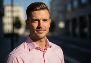 Mężczyzna w różowej koszuli stojący na zewnątrz w naturalnym świetle z lekkim uśmiechem i krótkimi włosami