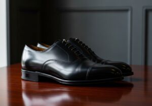 Para czarnych eleganckich butów na ciemnym drewnianym tle z odbiciami w naturalnym świetle.