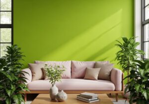 Stylowe wnętrze z zieloną ścianą, różową sofą, zielonymi roślinami i drewnianym stolikiem kawowym.