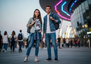 Młoda para przed nowoczesną halą koncertową wieczorem, ubrani casual, z małymi plecakami.