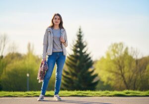 Młoda kobieta w lekkiej kurtce i szalu stoi na tle zielonych drzew w jasny wiosenny dzień outdoors