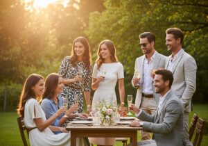 Grupa eleganckich ludzi na ogrodowym przyjęciu o zachodzie słońca przy stole z kwiatami i winem.