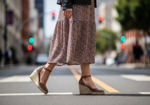 Kobieta na ulicy w stylowych koturnach, sukience midi i skórzanej kurtce, zdjęcie w naturalnym świetle miasta