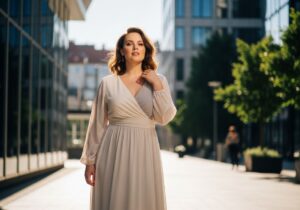 Pewna siebie kobieta plus size w długiej sukience stoi w słonecznym nowoczesnym miejskim otoczeniu