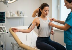 Młoda kobieta w klinice przygotowuje się do testu wysiłkowego EKG, pielęgniarka zakłada elektrody.