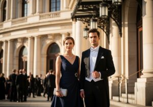 Elegancka para stoi przed klasyczną salą koncertową, ubrani w wieczorowe stroje, w otoczeniu innych gości.