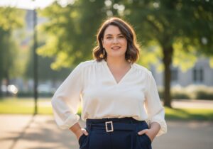 Pewna siebie kobieta plus size w stylowym, wygodnym ubraniu na tle miejskiego parku w naturalnym świetle
