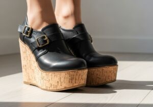 Stylowe buty na koturnie z detalami skóry i korka na jasnej drewnianej podłodze w naturalnym świetle