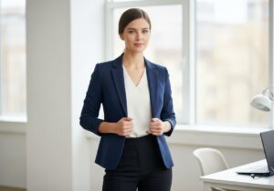 Profesjonalna młoda kobieta w garniturze stoi pewnie w nowoczesnym biurze przy oknach