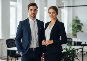 Młody mężczyzna i kobieta w eleganckim stroju biznesowym stoją obok siebie w nowoczesnym biurze