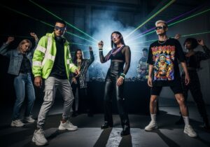 Młodzi ludzie tańczą na nocnej imprezie techno w miejskim, industrialnym otoczeniu przy laserach i DJ-u.