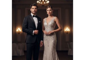Mężczyzna i kobieta w eleganckich strojach na tle luksusowej sali balowej podczas gali