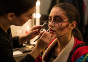 Makijażystka profesjonalnie wykonuje skomplikowany makijaż sceniczny aktorce w garderobie teatru.