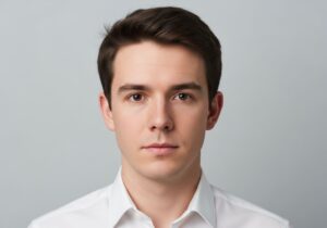 Portret młodej osoby w białej koszuli na oficjalne zdjęcie identyfikacyjne na jasnym tle