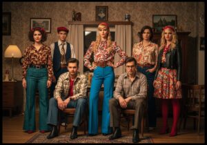 Grupa przyjaciół na imprezie w stylu PRL w ubraniach z lat 70. i 80., wnętrze z retro dekoracjami