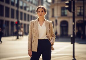 Młoda kobieta w beżowej marynarce typu Chanel stoi na miejskiej ulicy w modnej stylizacji.